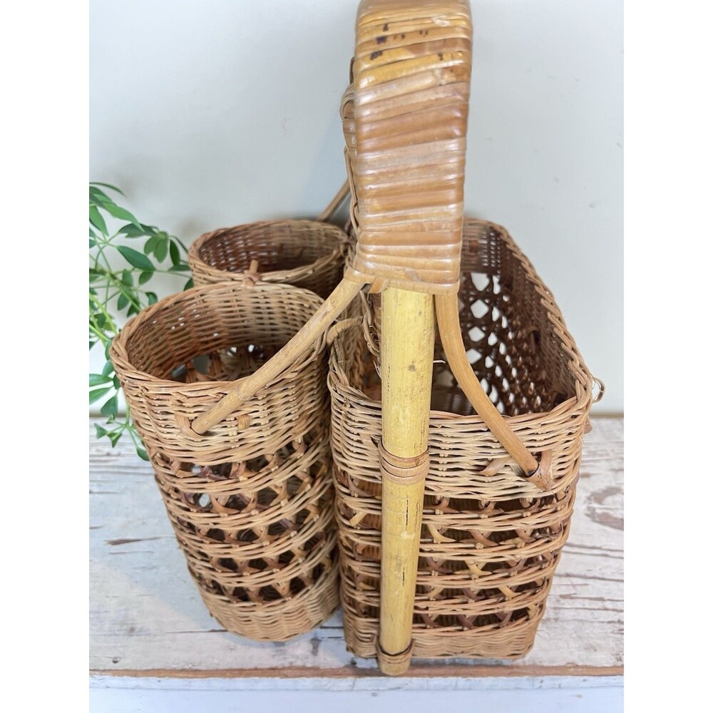 Cane Picnic Basket Rattan Wine Carrier 2 Bottle Lidded Wicker Slide Bar Handle